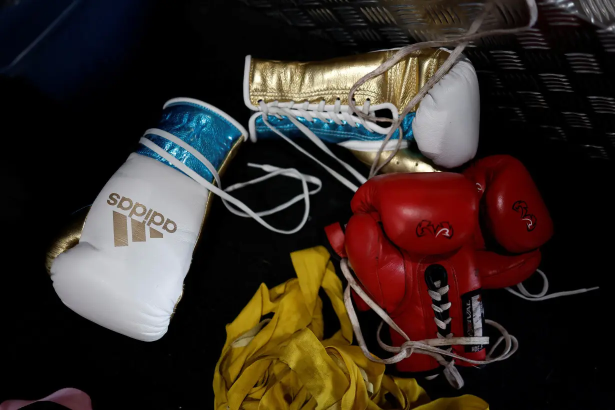 FILE PHOTO: Boxing gloves are seen during a training session in Guerville, France, August 25, 2023