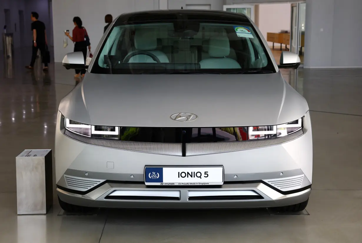 A Hyundai Ioniq 5 electric vehicle is displayed at the Hyundai Motor Group Innovation Center Singapore (HMGICS) in Singapore