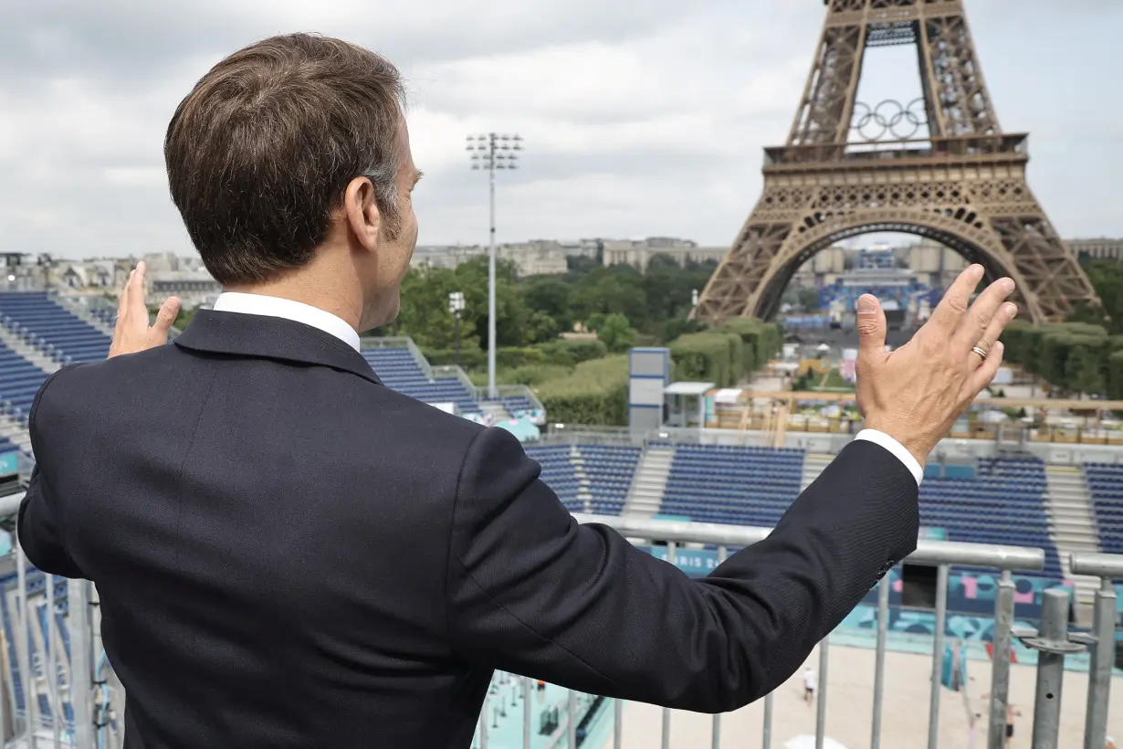 French President Macron visits Olympic venue by the Eiffel Tower in Paris