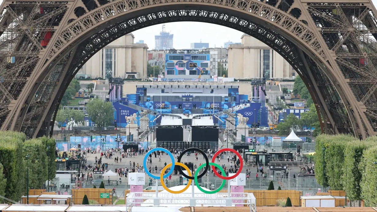 A view of Trocadero Square, the venue for the Paris Olympics opening ceremony, with the Eiffel Tower in the background, on July 24.