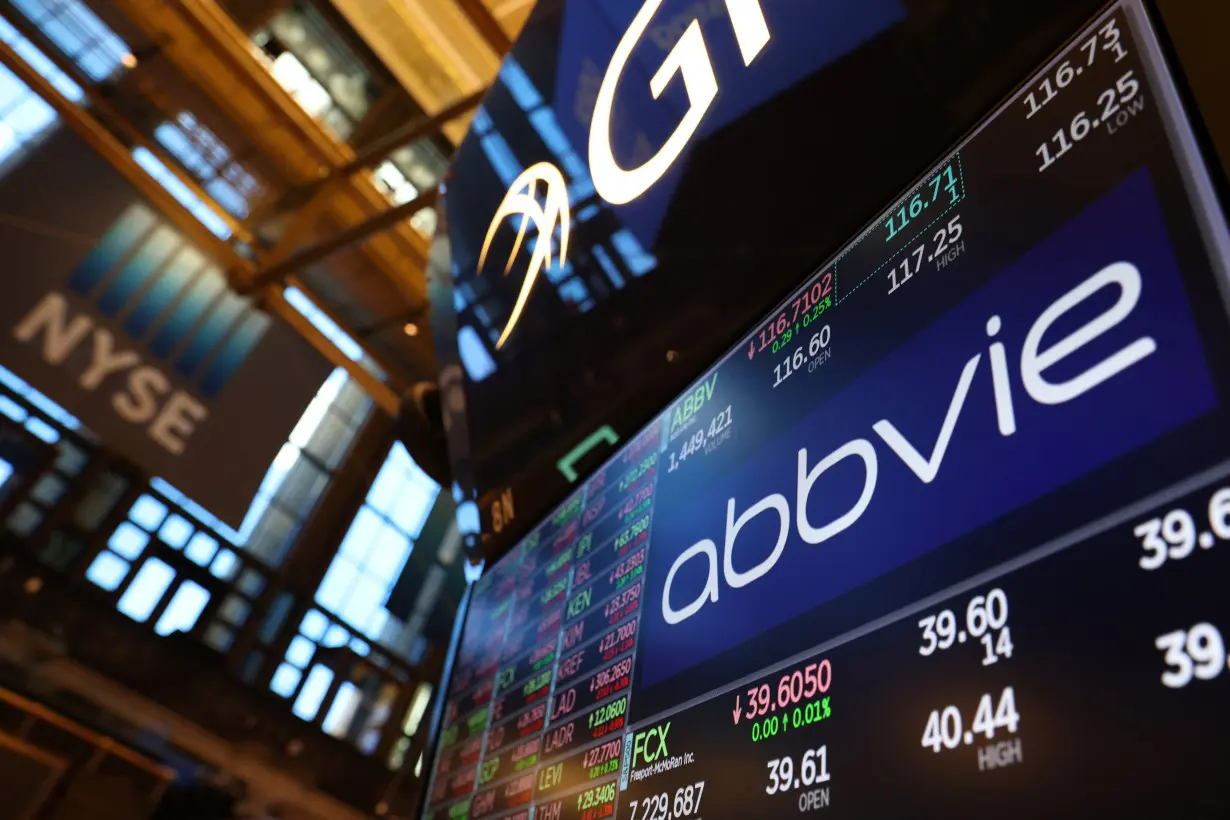 The logo for AbbVie is displayed on a screen at the New York Stock Exchange (NYSE) in New York City