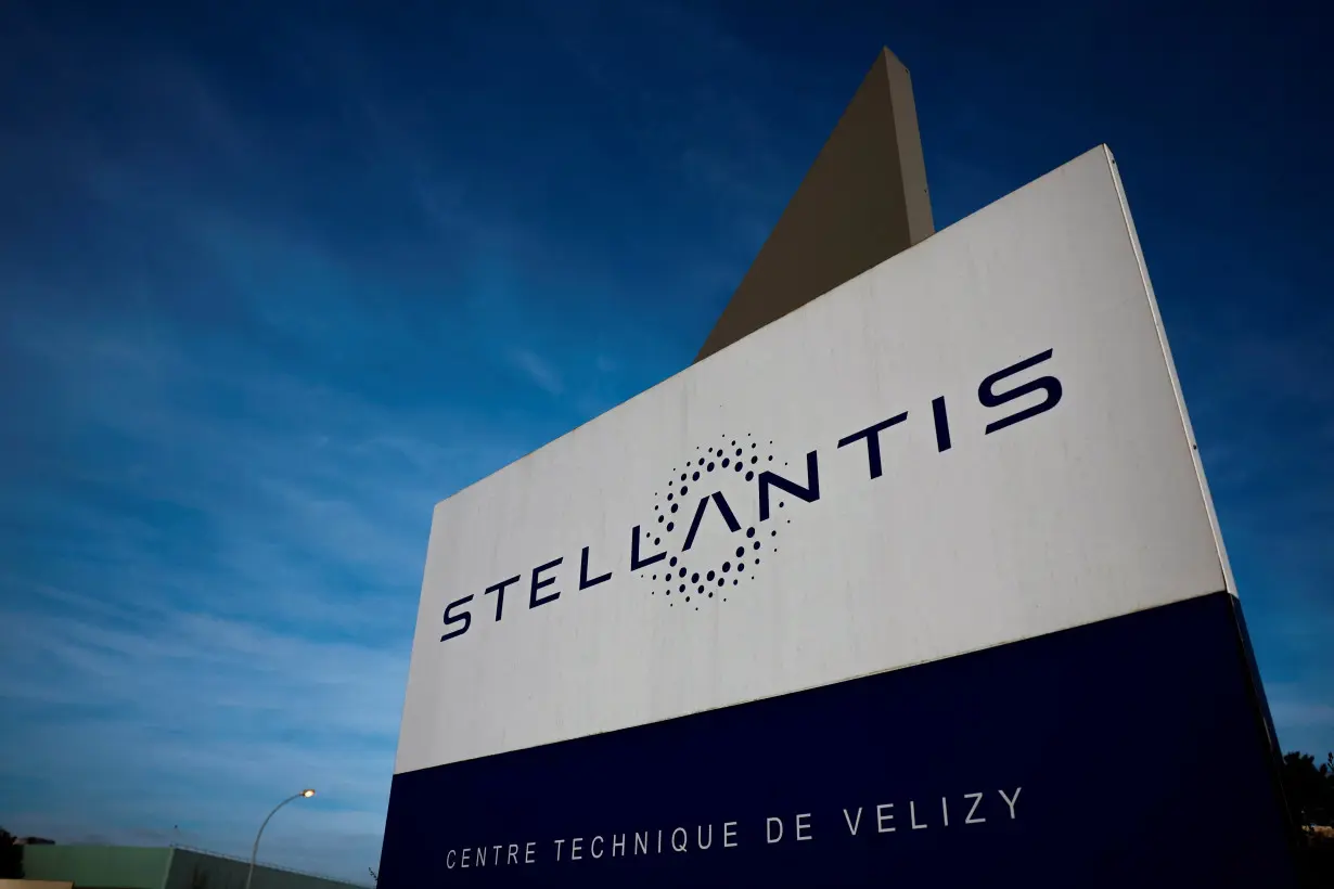 The logo of Stellantis is seen on the company's building in Velizy-Villacoublay near Paris