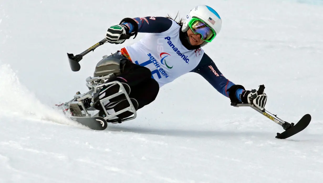 U.S. Nichols skis during the Women's Downhill Sitting training at the 2014 Sochi Paralympic Winter Games at the Rosa Khutor Alpine Center