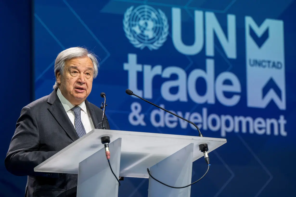 U.N. Secretary-General Antonio Guterres, speaks during the Opening UNO Marking 60 years of UN Trade and Development (UNCTAD) at the European headquarters of the United Nations in Geneva