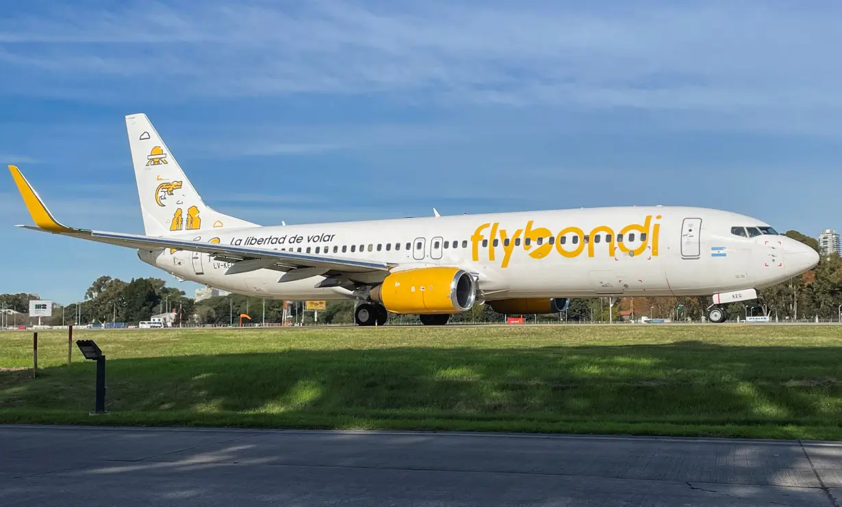 A Flybondi Boeing 737 airplane is pictured before taking off at the Aeroparque-Jorge Newbery Airport, in Buenos Aires