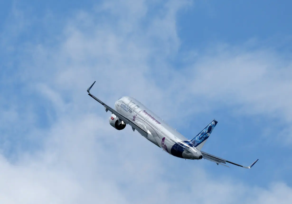 Airbus A321 flies at Farnborough International Airshow, in Farnborough