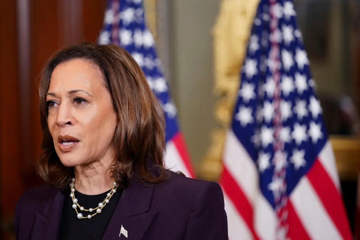 U.S. Vice President Kamala Harris delivers remarks at a press conference, in Washington