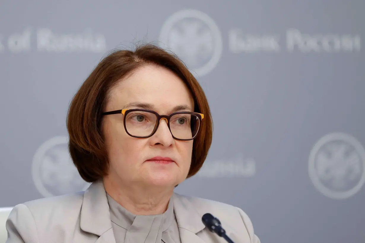 Elvira Nabiullina, Governor of Russian Central Bank, attends a press conference in Moscow