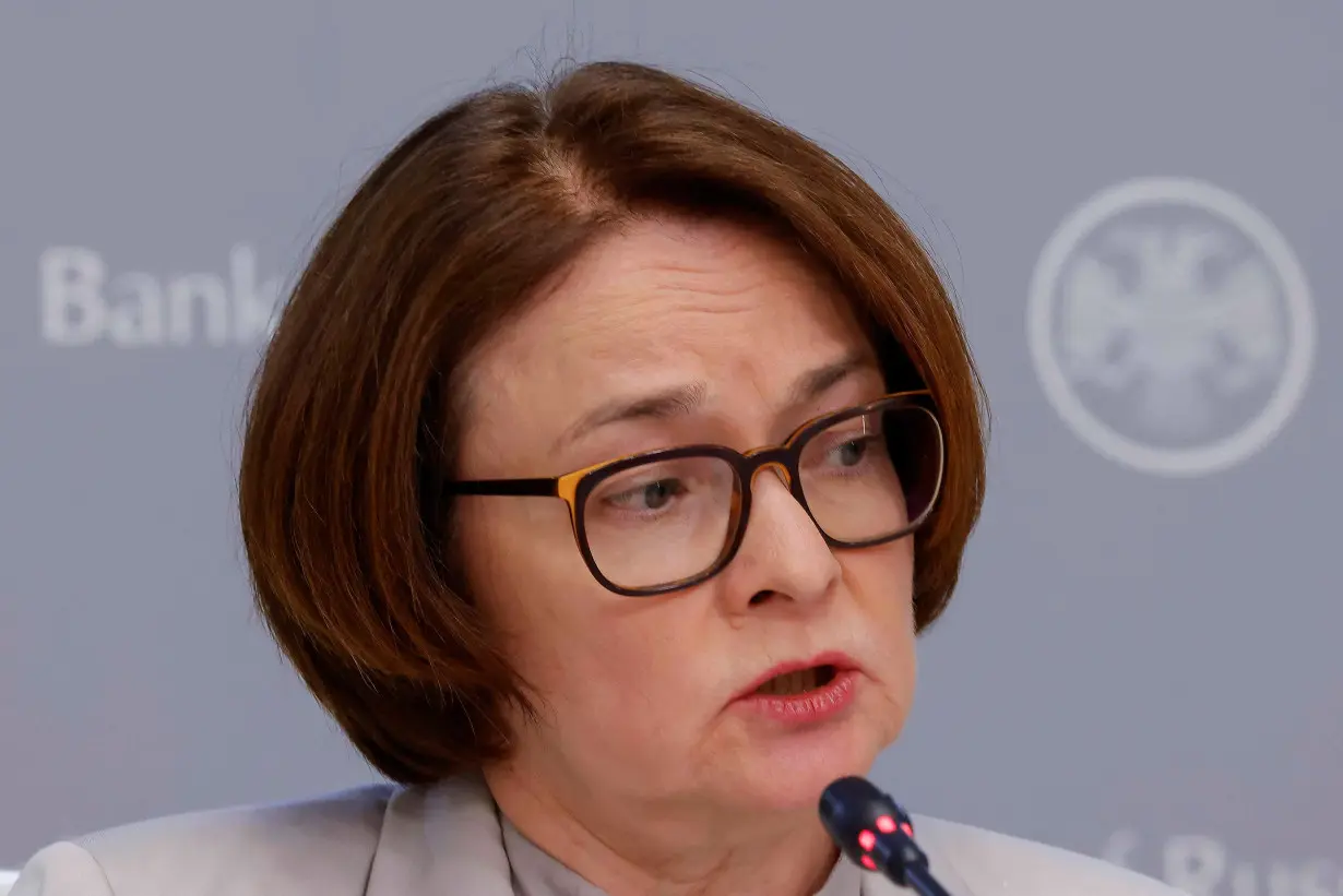 Elvira Nabiullina, Governor of Russian Central Bank, attends a press conference in Moscow