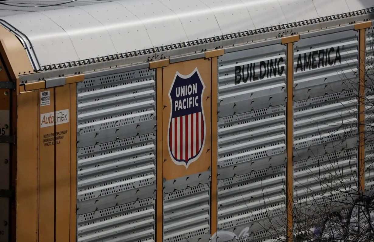 A Union Pacific rail car is parked at the CP Rail Toronto Yard in Scarborough