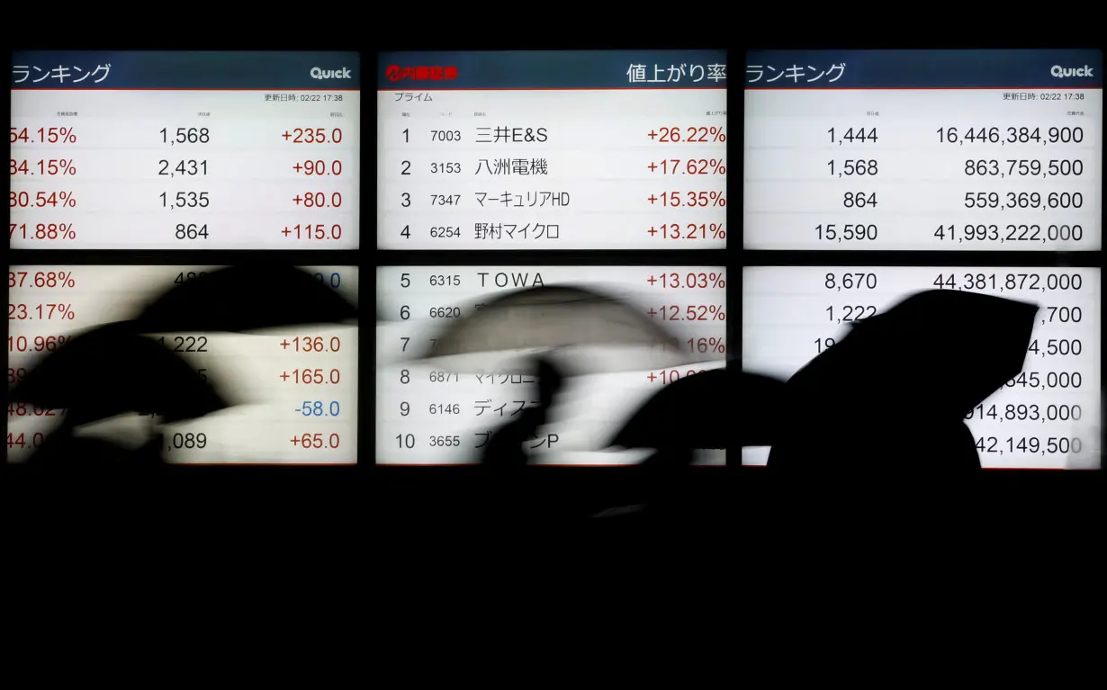 Passersby walk past in front of electric screens, displying Japan's Nikkei stock quotation board in Tokyo