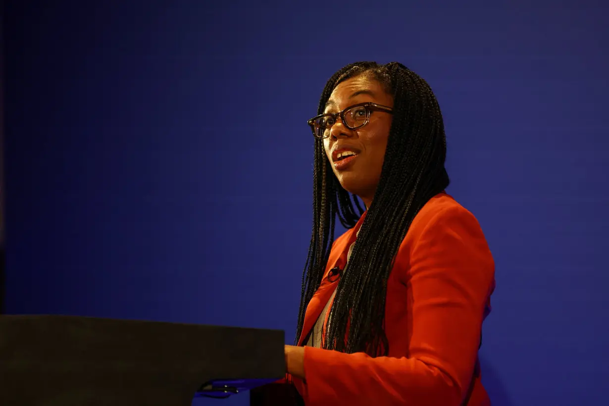 Britain's Business and Trade Secretary Kemi Badenoch speaks during her press conference at the Manufacturing Technology Centre in Coventry