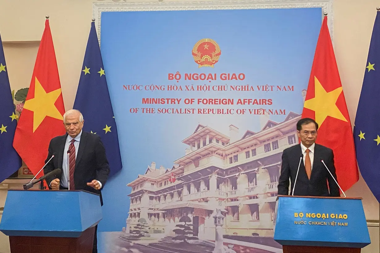 EU High Representative for Foreign Affairs and Security Policy Josep Borrell and Vietnam's Foreign Minister Bui Thanh Son attend a press conference, in Hanoi