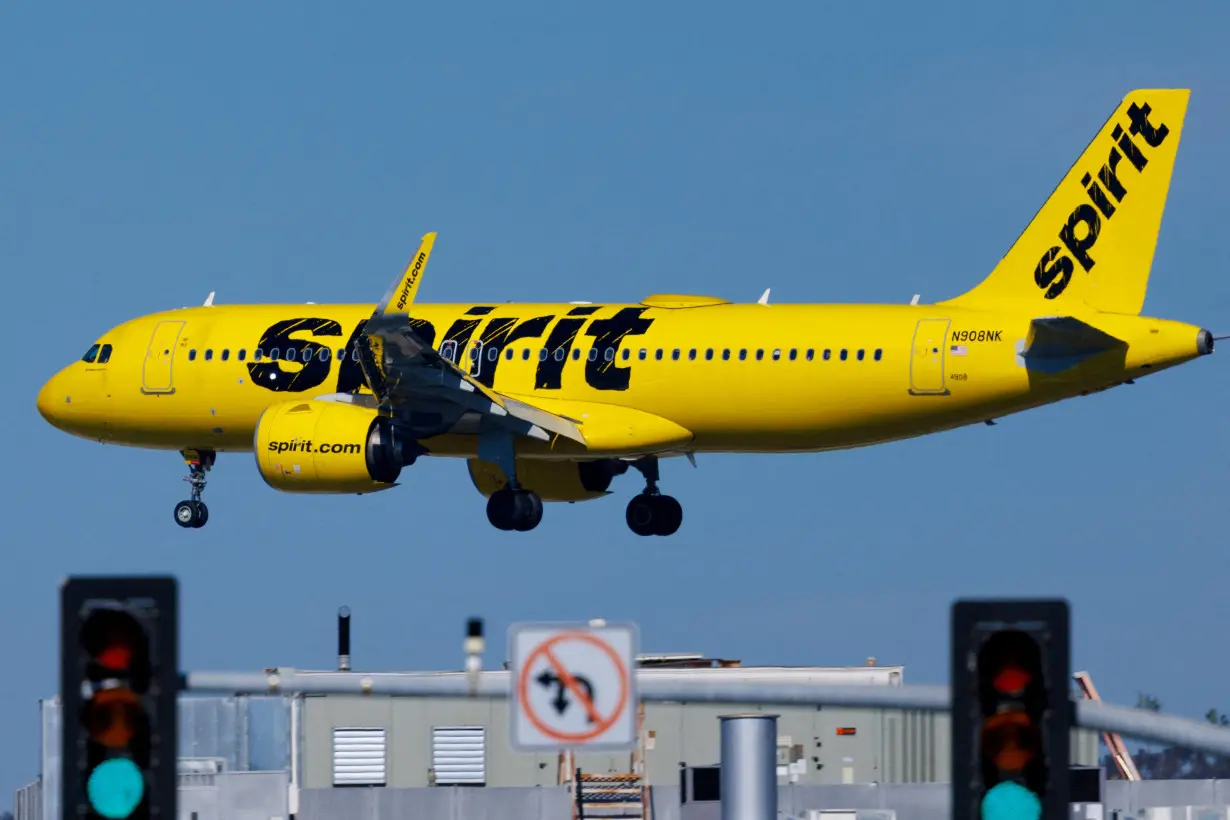 FILE PHOTO: Spirit commercial airliner prepares to land in San Diego