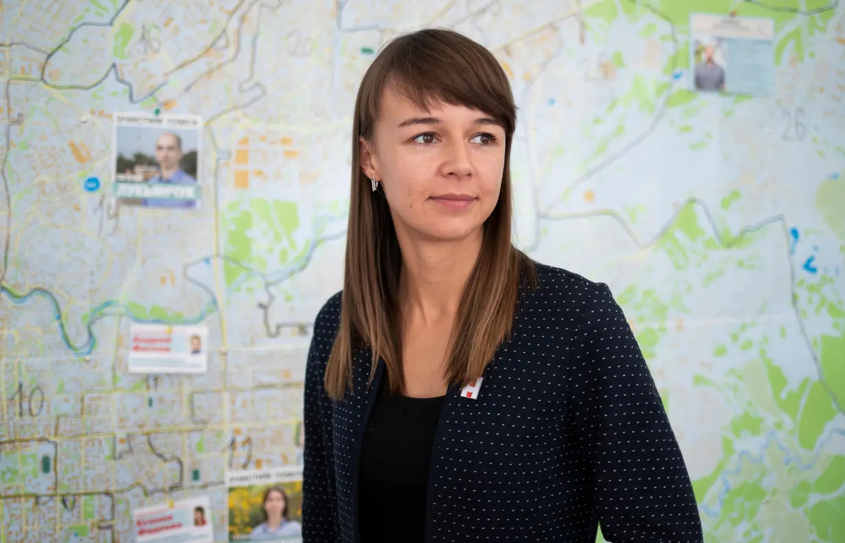 Municipal candidate and Alexei Navalny ally in Tomsk Ksenia Fadeeva poses for a portrait in a local campaign office in Tomsk