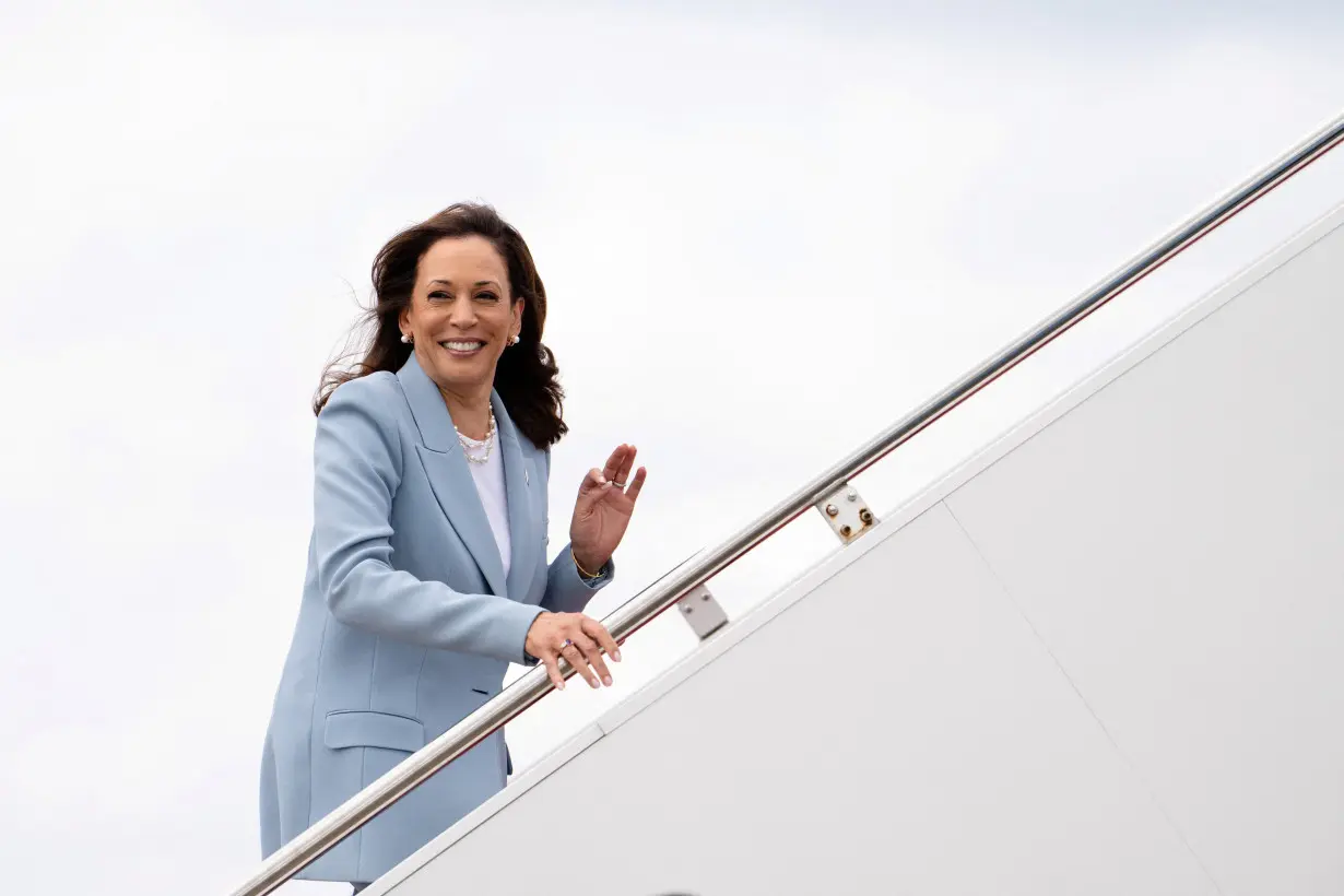 U.S. Vice President Kamala Harris boards Air Force Two at Joint Base Andrews in Maryland