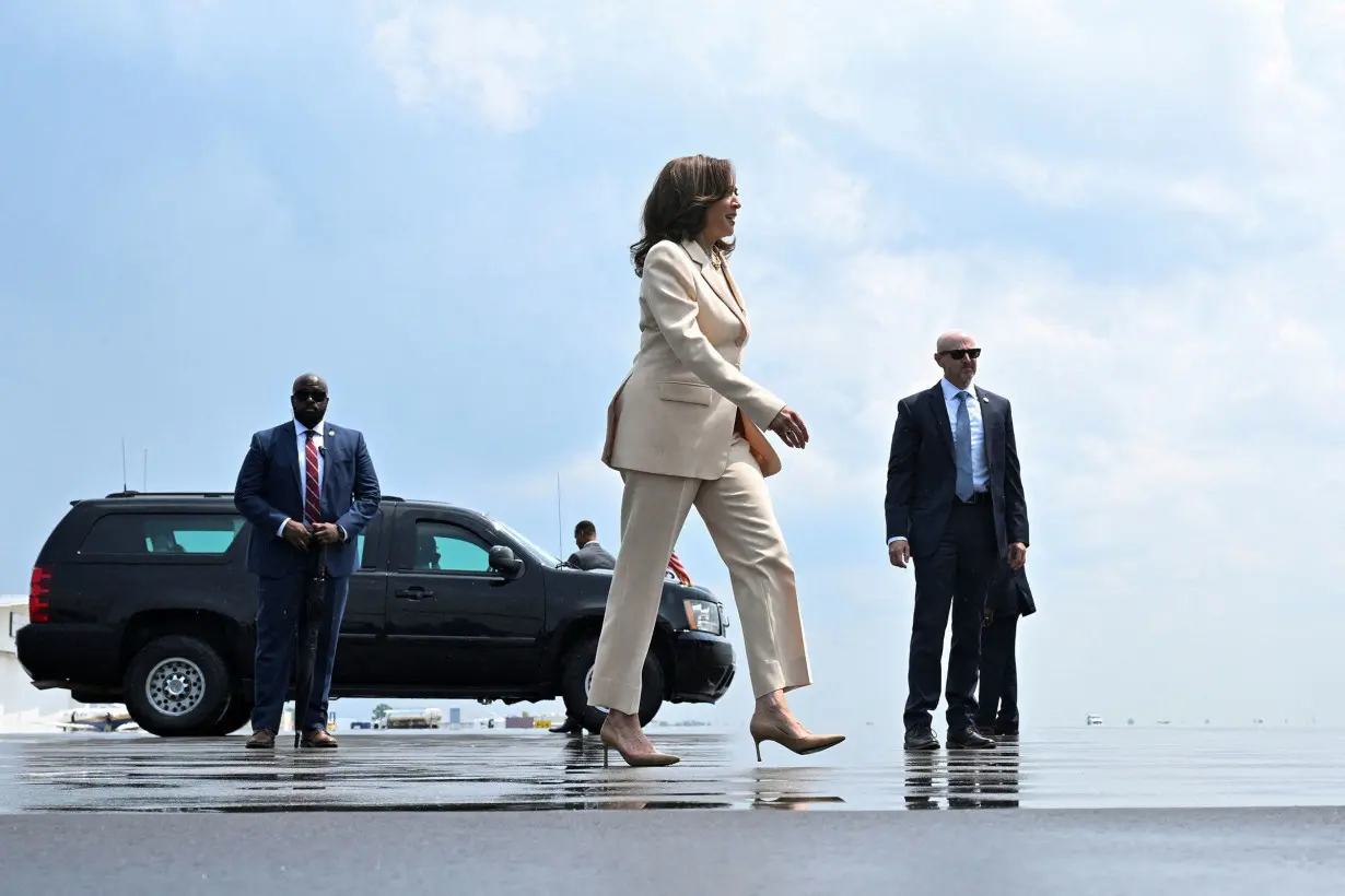 Vice President Kamala Harris walks to board Air Force Two at Indianapolis International Airport in Indianapolis, Indiana, on July 24, 2024.