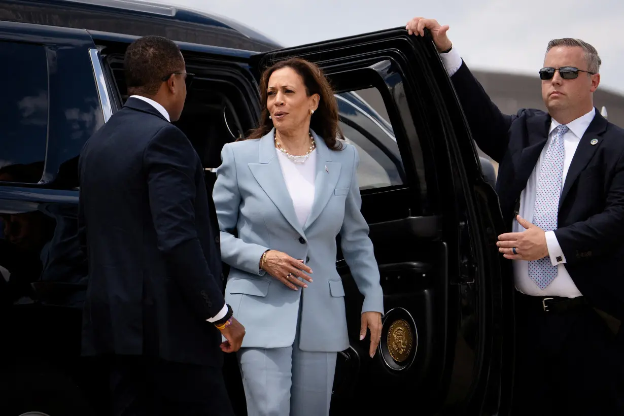 U.S. Vice President Kamala Harris arrives to board Air Force Two at Joint Base Andrews in Maryland