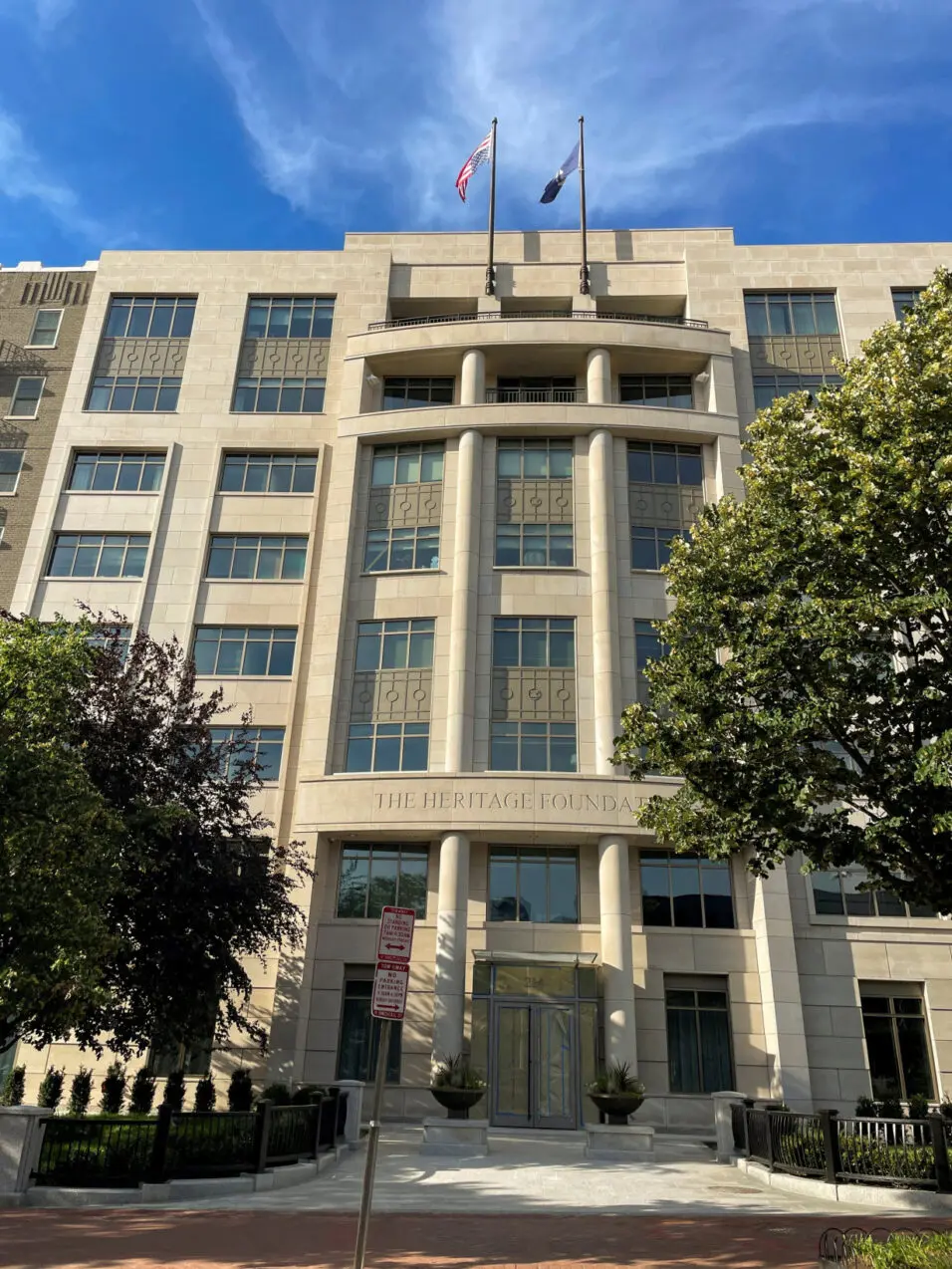 FILE PHOTO: Conservative think tank Heritage Foundation flies an upside down American flag at its Washington DC headquarters