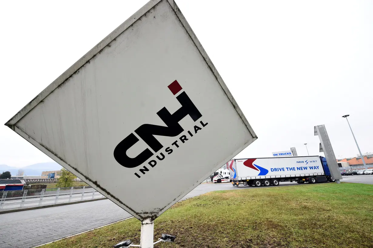 FILE PHOTO: Italian-American Industrial vehicle maker CNH's logo is pictured at an event held to present CNH's new full-electric and Hydrogen fuel-cell battery trucks in partnership with U.S. Nikola event in Turin