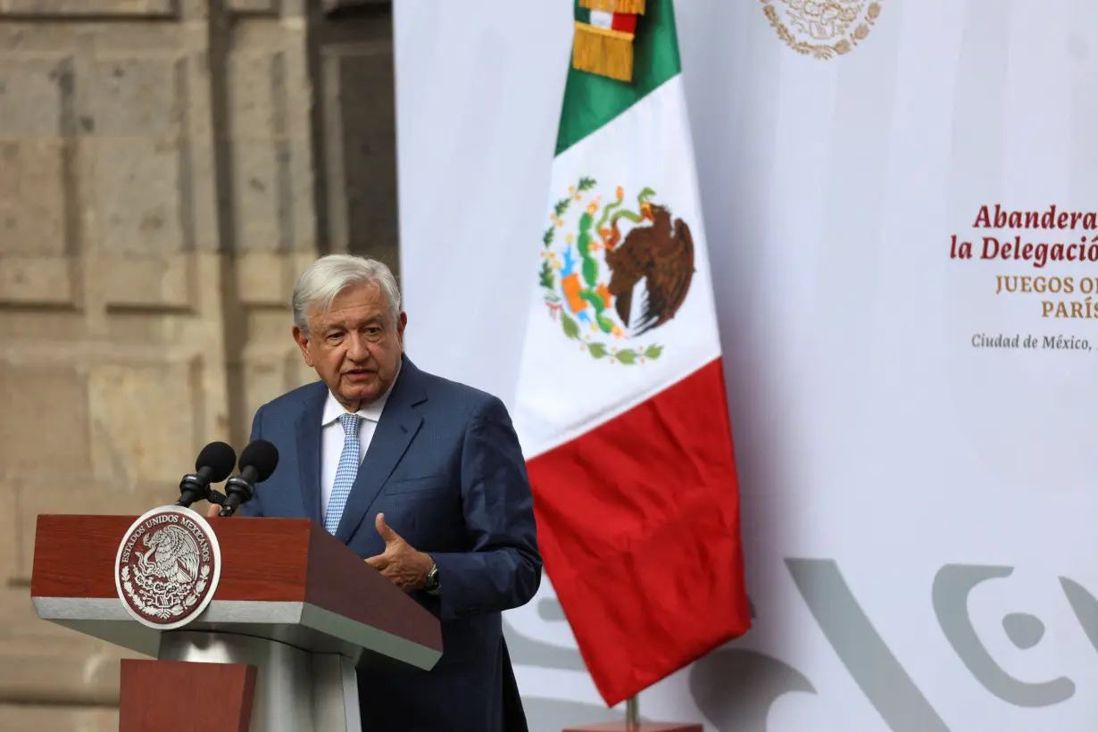 Mexico's President Obrador hands over Mexican flag to athletes ahead of the Paris 2024 Olympic Games, in Mexico City