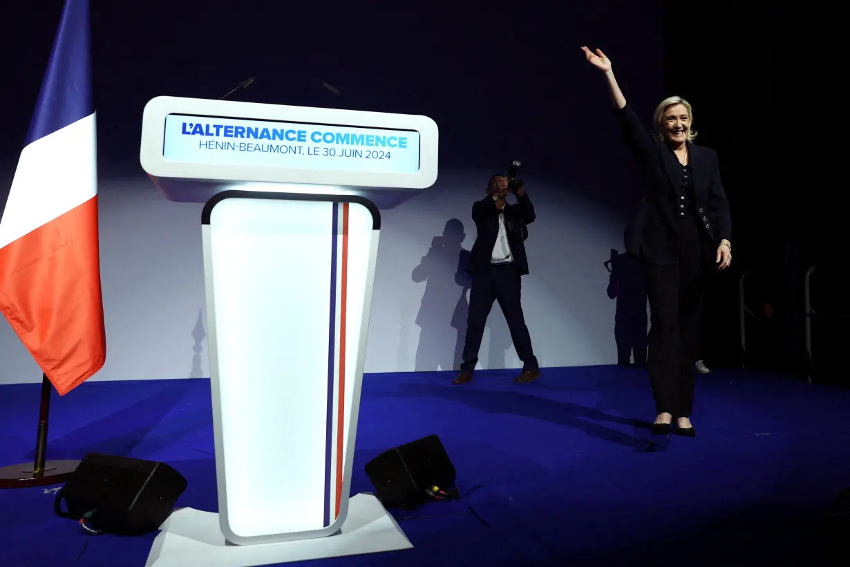 FILE PHOTO: Marine Le Pen reacts after first round results of the 2024 snap legislative elections