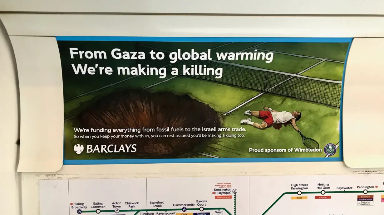 One of the pieces of art -- by Darren Cullen -- protesting Barclays' sponsorship of Wimbledon.