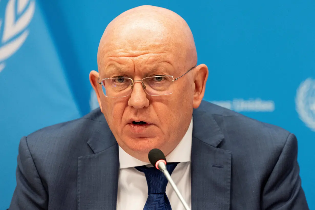 Russia's Ambassador to the United Nations Vassily Nebenzia speaks during a press conference