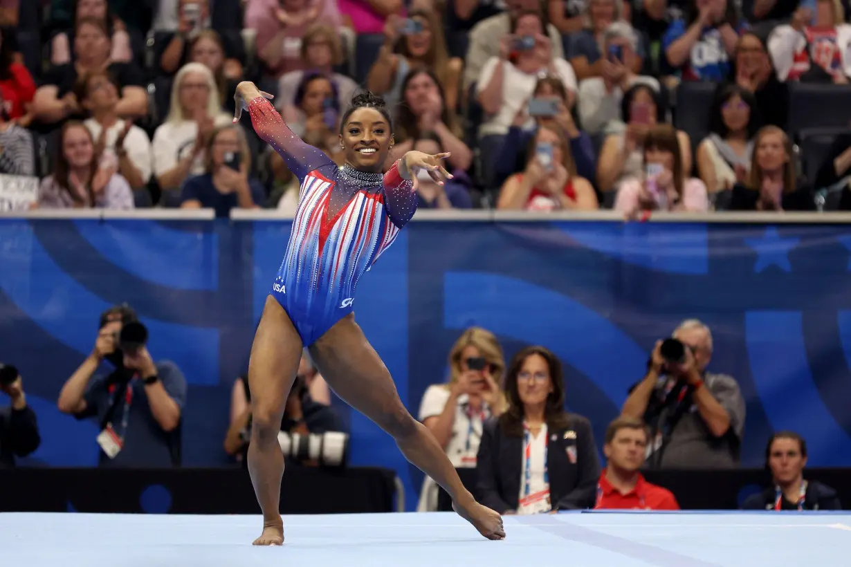 Simone Biles competes in the floor exercise on Day Four of the 2024 U.S. Olympic Team Gymnastics Trials at Target Center on June 30 in Minneapolis, Minnesota.