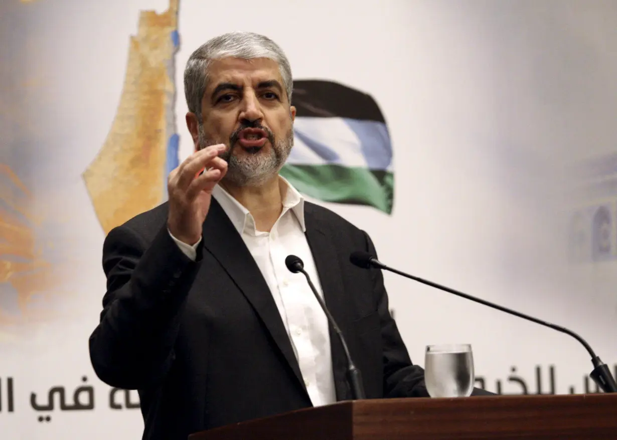 Hamas leader Khaled Meshaal speaks during a news conference in Doha, Qatar