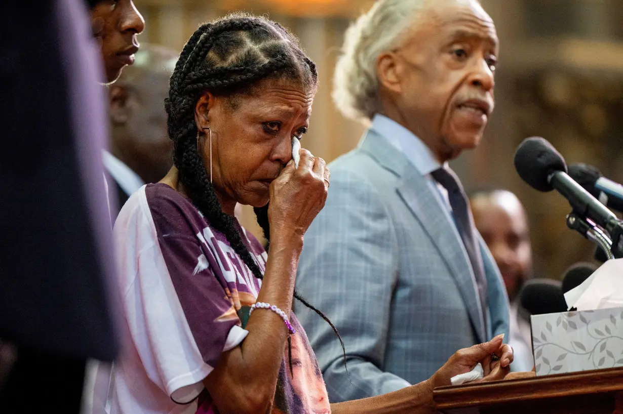 Donna Massey, the mother of Sonya Massey, wipes a tear during a news conference and rally at New Mount Pilgrim Missionary Baptist Church in Chicago, Illinois.