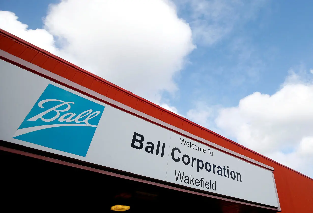 FILE PHOTO: The logo of Ball Corporation is displayed at their plant in Wakefield