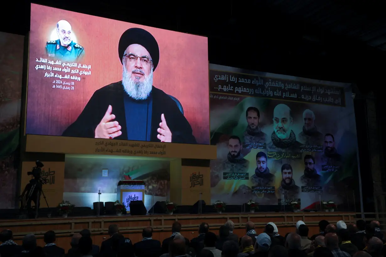 Lebanon's Hezbollah leader Sayyed Hassan Nasrallah gives a televised address in Beirut's southern suburbs