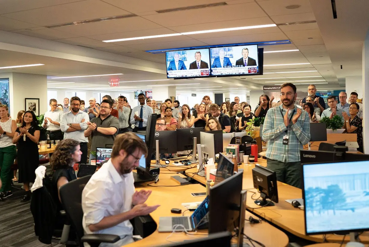 The Wall Street Journal editors and reporters listen to editor-in-chief Emma Tucker speak about Evan Gershkovich's release.