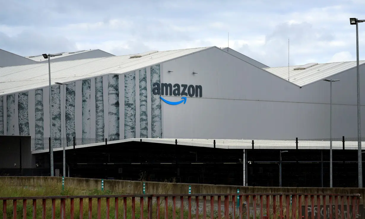 The logo of U.S. online retailer Amazon is displayed at a logistics centre in Trapagaran