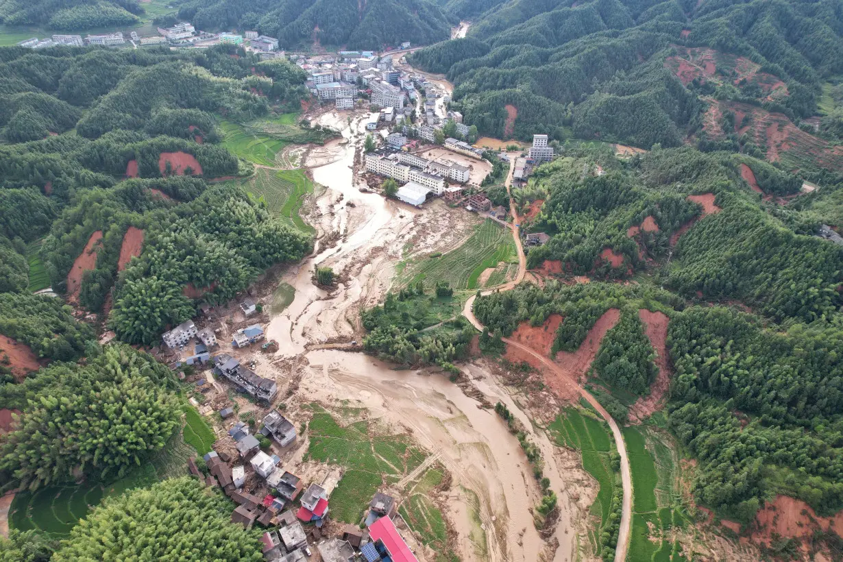 Drone view shows the aftermath after heavy rainfall in Zixing