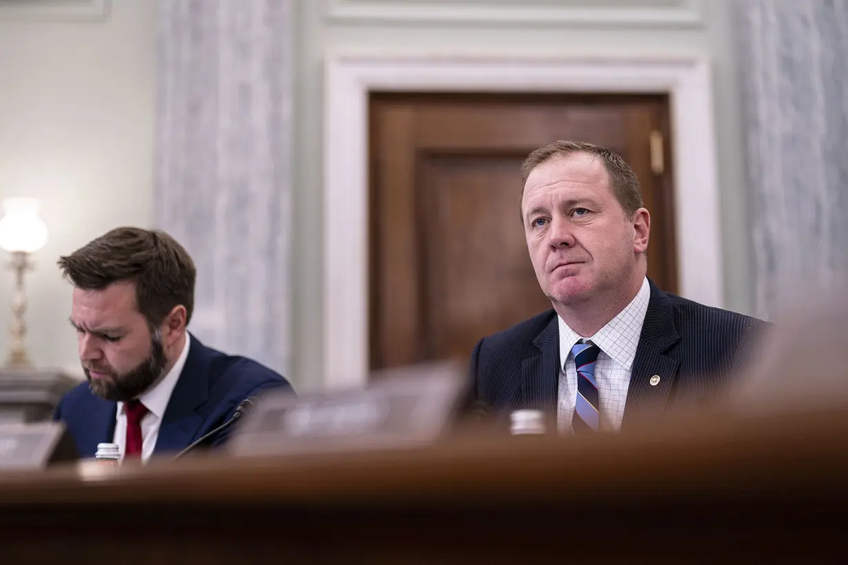 Sen. Eric Schmitt with Vance during a senate hearing in Washington, DC, in February 2023.