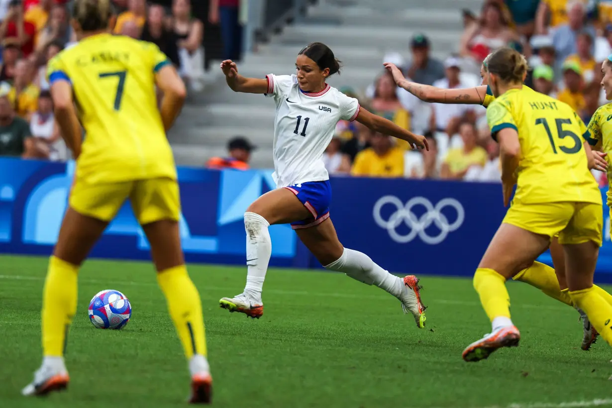 US forward Sophia Smith runs after the ball during the women's group B football match between Australia and the USA of the Paris 2024 Olympic Games at the Marseille Stadium in Marseille on July 31, 2024.