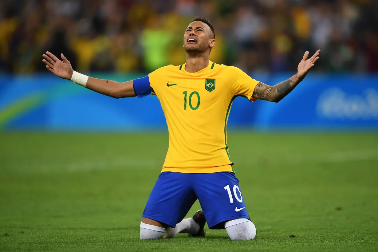 Neymar celebrates Brazil's Olympic gold in 2016.