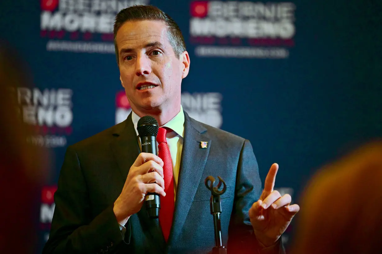 Republican Senate candidate Bernie Moreno speaks to supporters during his primary election night watch party in Westlake, Ohio, on March 19, 2024.