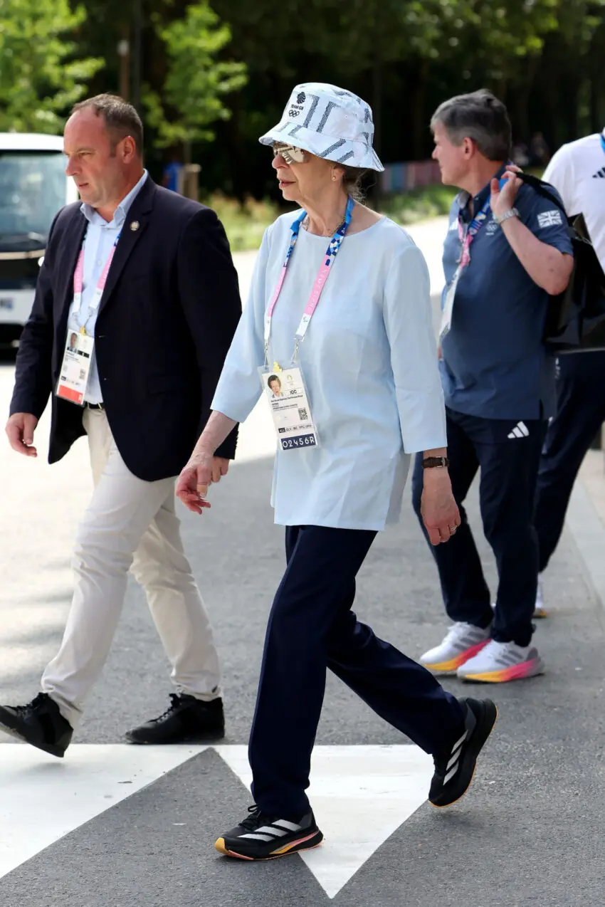 Breaking from traditional royal dresscodes, Princess Anne wore an Olympic bucket hat and Adidas trainers to visit Team GB athletes in Paris on July 31.