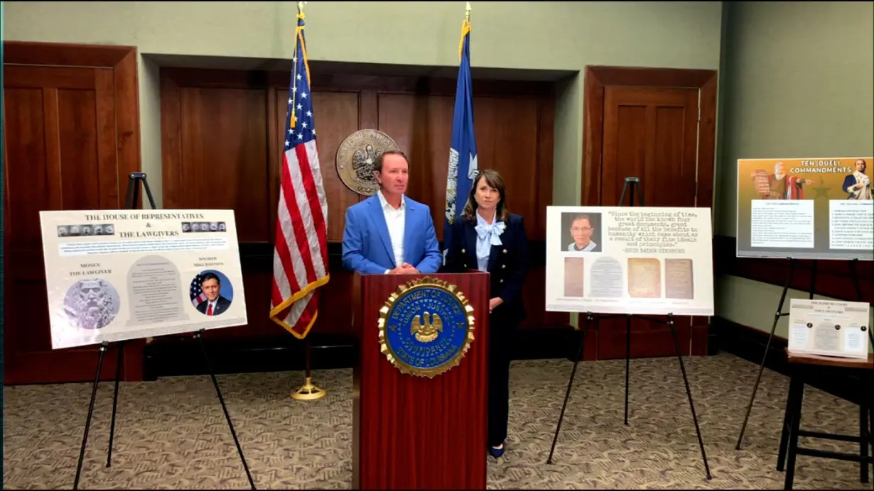 Louisiana unveils Ten Commandments posters for public schools featuring Mike Johnson, Ruth Bader Ginsburg and 'Hamilton'