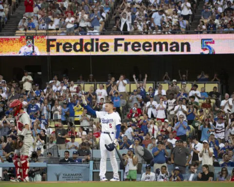 Emotional Freddie Freeman gets hug from Bryce Harper in return to Dodgers as ailing son recovers