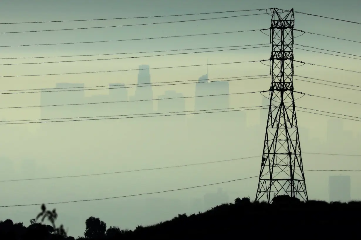 Downtown Los Angeles is seen behind an electricity pylon through the morning marine layer in Los Angeles