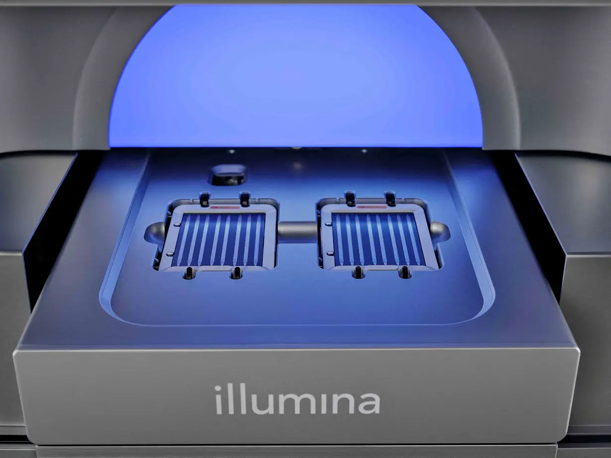 The dual flow cell configuration of Illumina's NovaSeq X Plus is shown in this undated handout photo obtained by Reuters