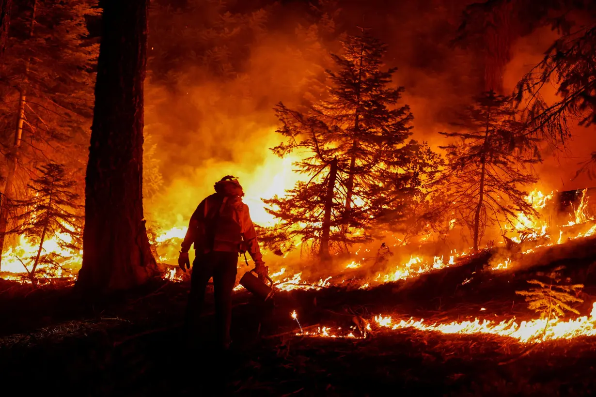 Firefighters manage a controlled burn to reduce the fuels ahead of the Park Fire near Mineral