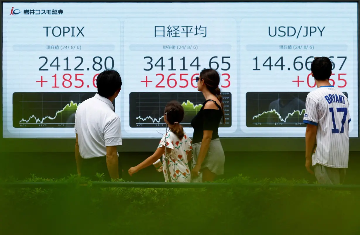 FILE PHOTO: Passersby look at an electronic board displaying Topix, Japan's Nikkei share averages, and Japanese yen exchange rate against the U.S. dollar outside a brokerage in Tokyo