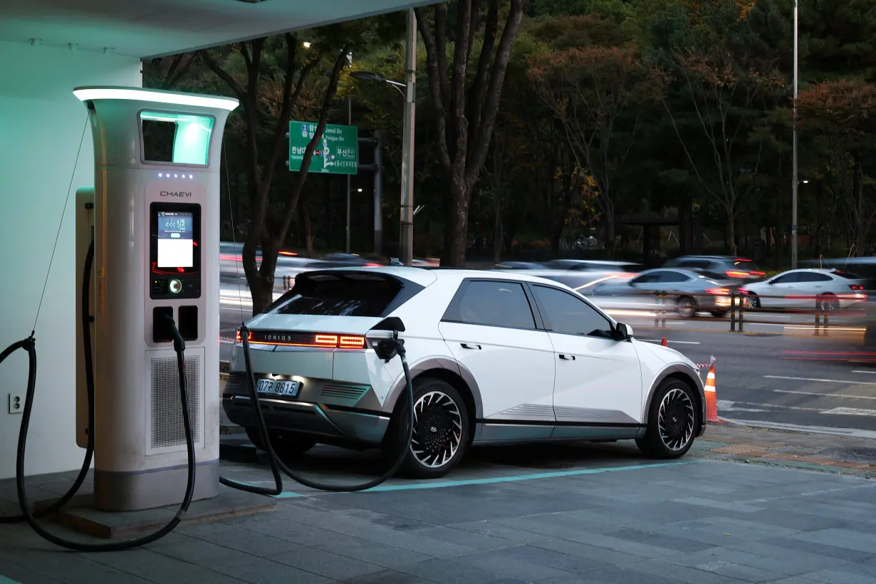 A Hyundai Ioniq 5 electric vehicle is charged at Chaevi Stay Charging Station in Seoul