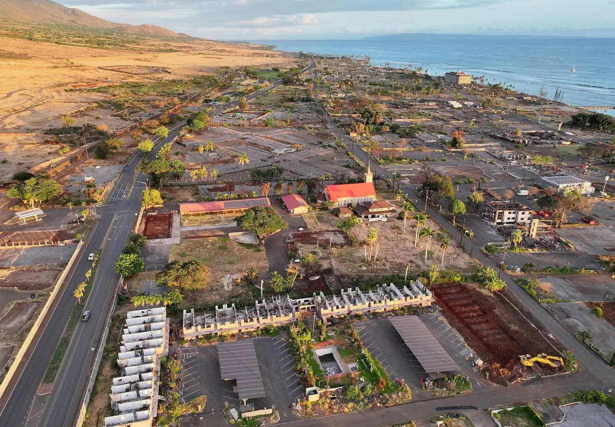 An aerial view on August 4, of Maria Lanakila Catholic Church, which was spared by the wildfire. How to rebuild Lahaina best is a question on the minds of many residents.