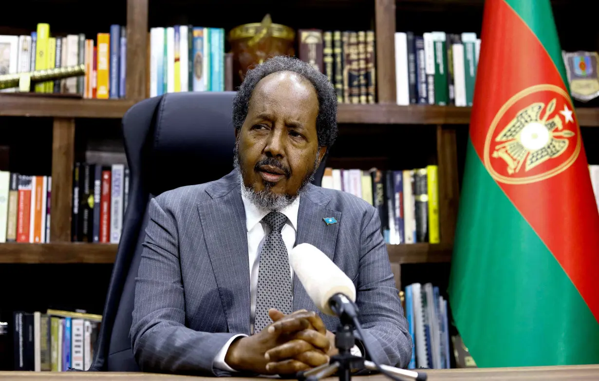 FILE PHOTO: Somalia's President Hassan Sheikh Mohamud speaks during an interview with Reuters, in his office in Mogadishu